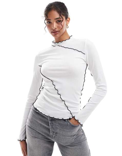 Pieces long sleeved top with contrast lettuce edge detailing in white - view 1