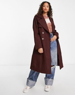 Pieces longline belted tailored trench coat in chocolate brown