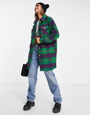 Pieces longline brushed heavy weight shacket in purple & green check