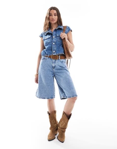 Pieces longline denim shorts in mid blue - view 1