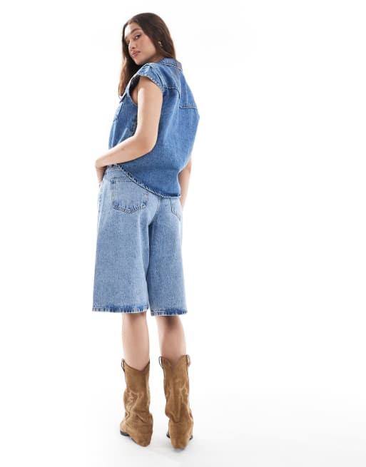 Pieces longline denim shorts in mid blue, 5 of 5