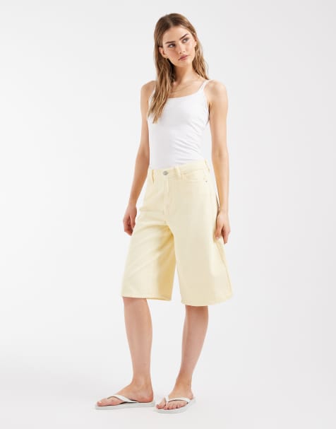 PIECES longline denim shorts in pale yellow - view 1