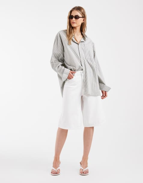 Pieces longline denim shorts in white - view 1