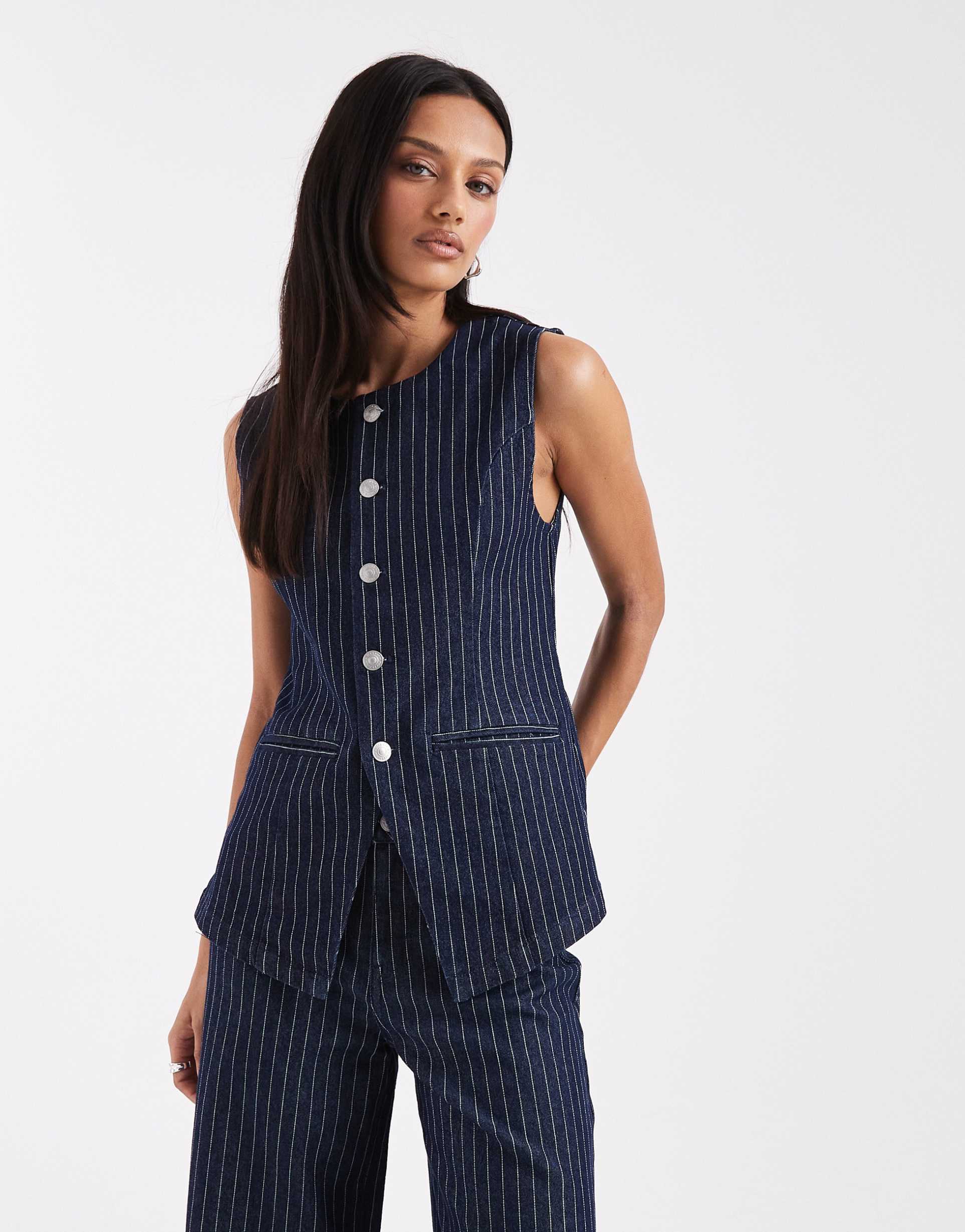 pieces longline denim vest in dark blue pinstripes - part of a set