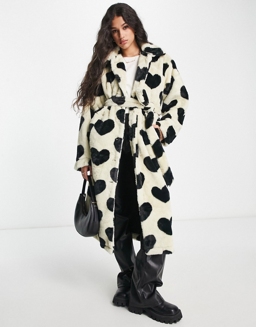 Pieces longline faux fur coat in black & white heart print-Multi