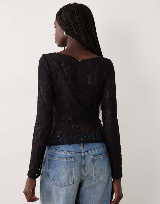 Pieces longline kanten top met mandarijnkraag en sluiting in zwart, 3 van 4