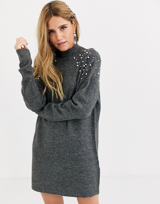 Pieces longline knitted jumper with pearl embelishment
