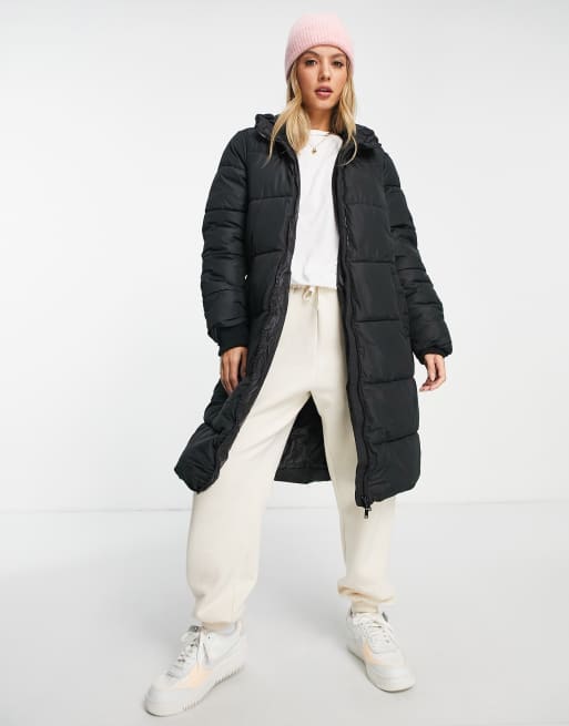 Pieces hooded longline padded coat in black