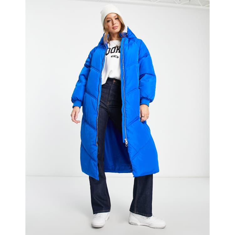 Pieces longline padded coat with hood in bright blue