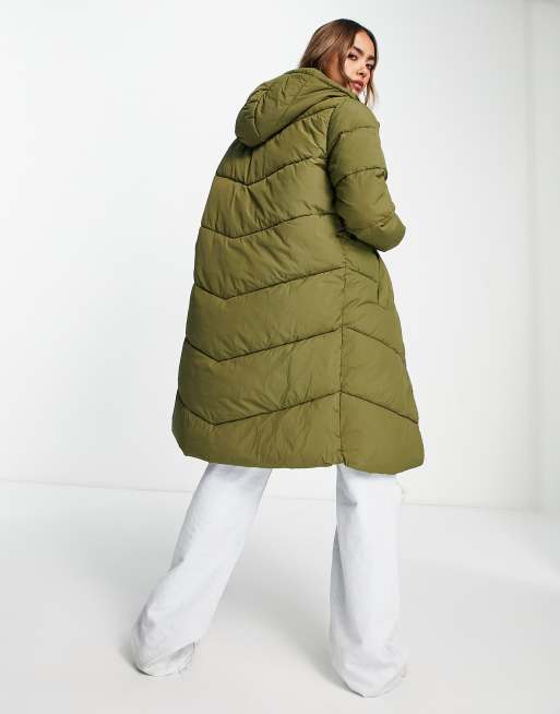 Pieces longline padded coat with hood in olive green