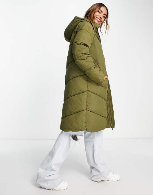 Pieces longline padded coat with hood in olive green