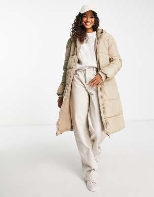 Pieces Longline Padded Coat With Hood In Soft Beige-neutral