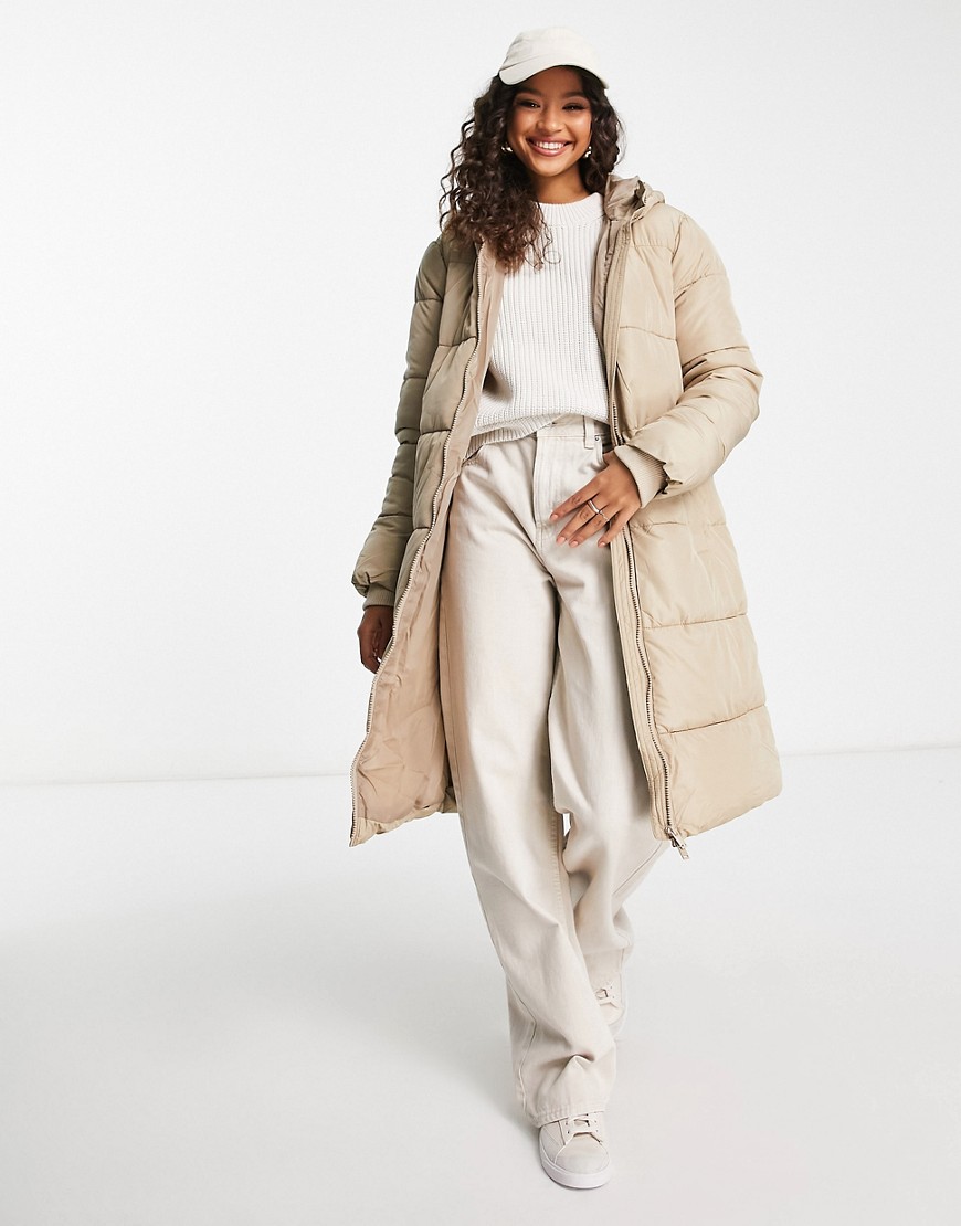 Pieces longline padded coat with hood in soft beige-Neutral
