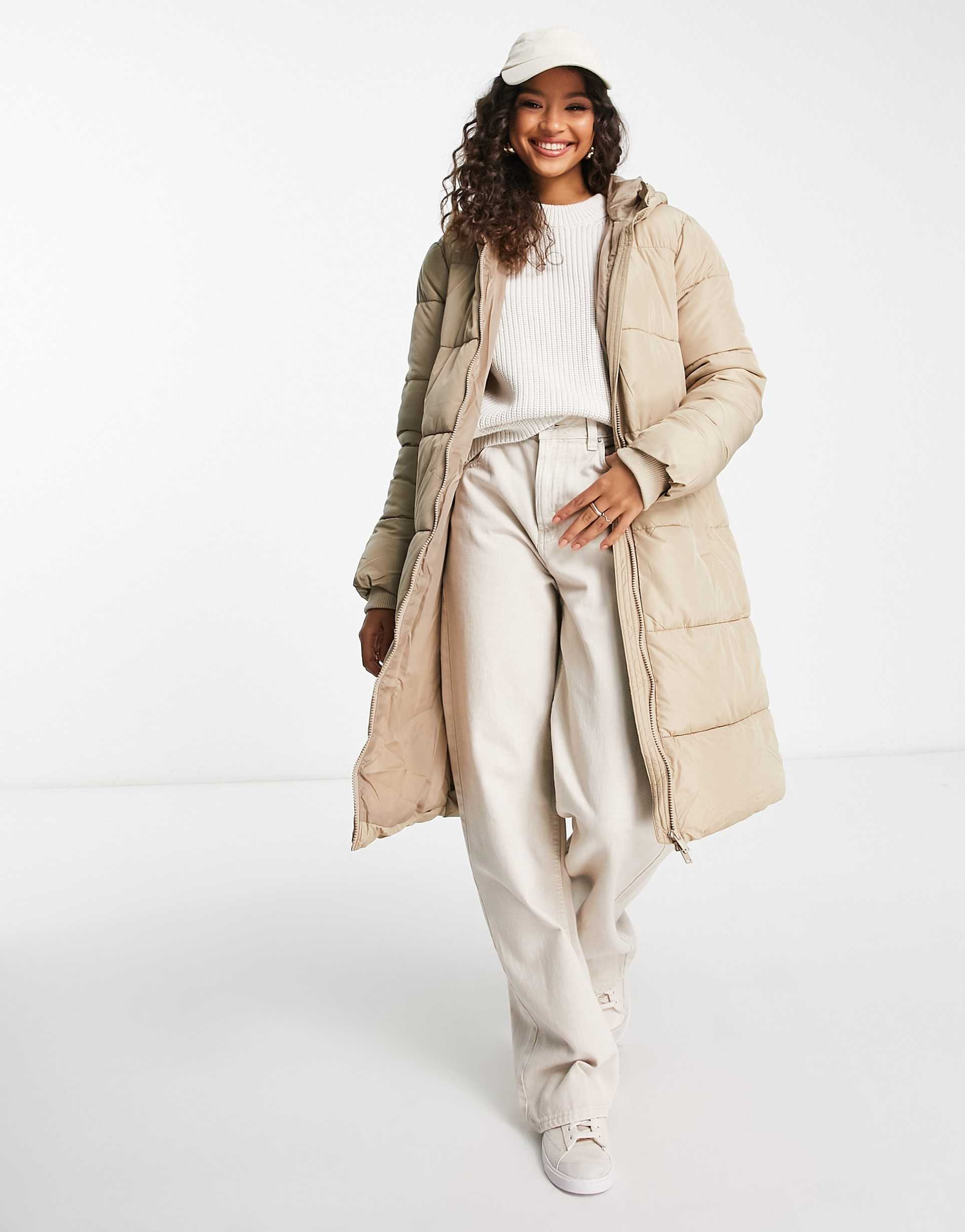 pieces longline padded coat with hood in soft beige