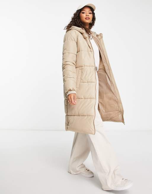 Pieces longline padded coat with hood in soft beige