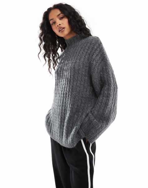 Pieces – Longline-Pullover in Grau mit hohem Ausschnitt - view 1