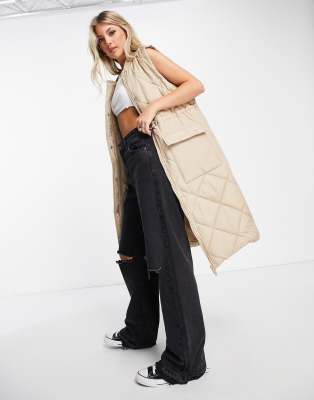 Longline Quilted Vest - Beige Check