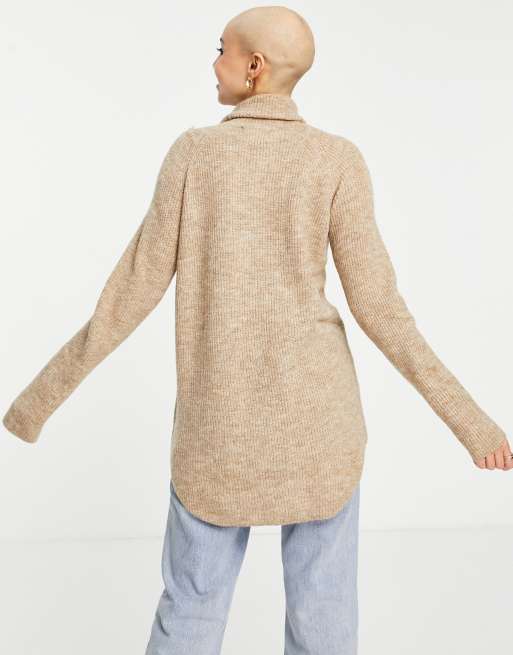 Pieces longline roll neck jumper in dark camel, 2 of 4