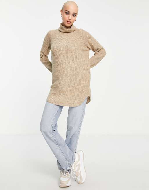 Pieces longline roll neck sweater in dark camel | ASOS