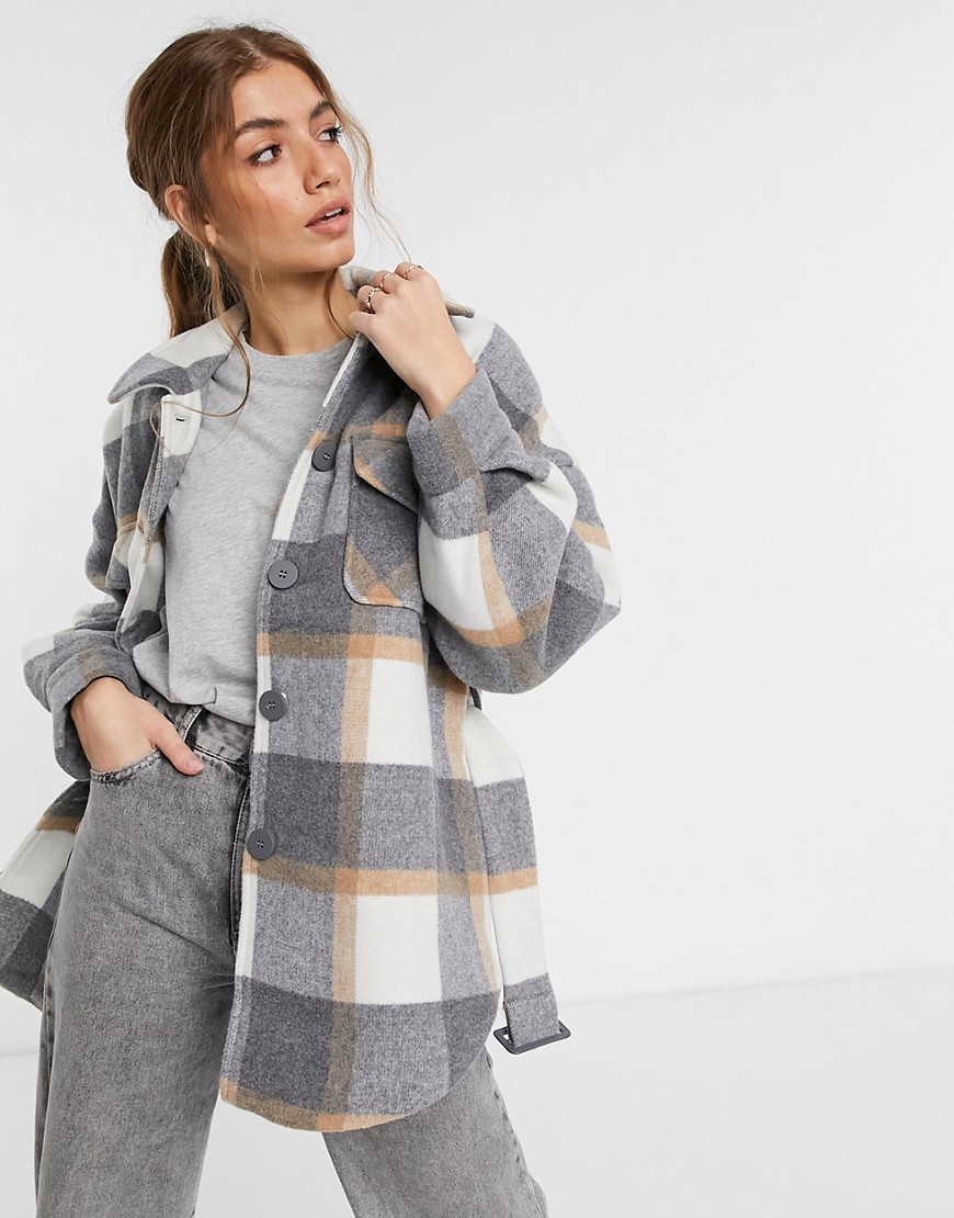 Pieces longline shacket in gray plaid-Multi