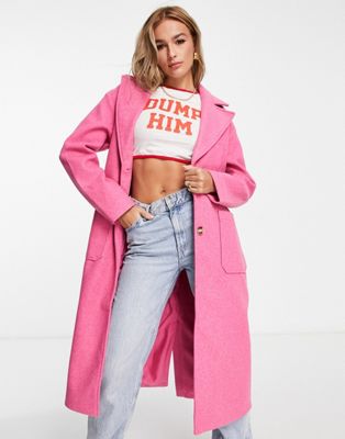Pieces longline tailored coat in bright pink