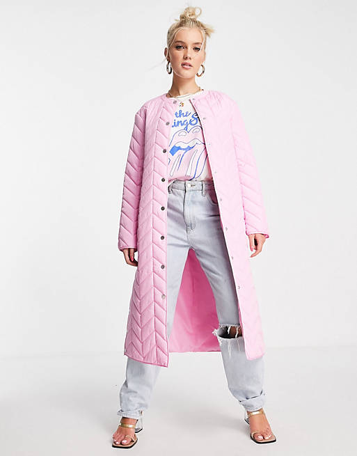Pieces longline tie waist quilted jacket in pink
