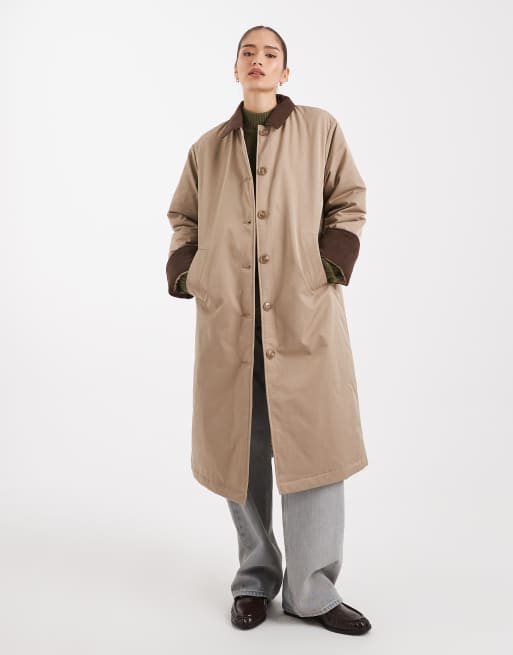 Pieces longline trench coat with collar detail in beige, 4 of 4