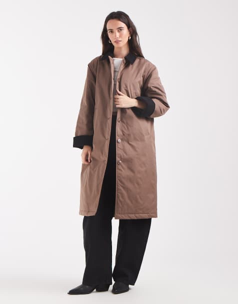 Pieces longline trench coat with cord collar detail in light brown - view 1