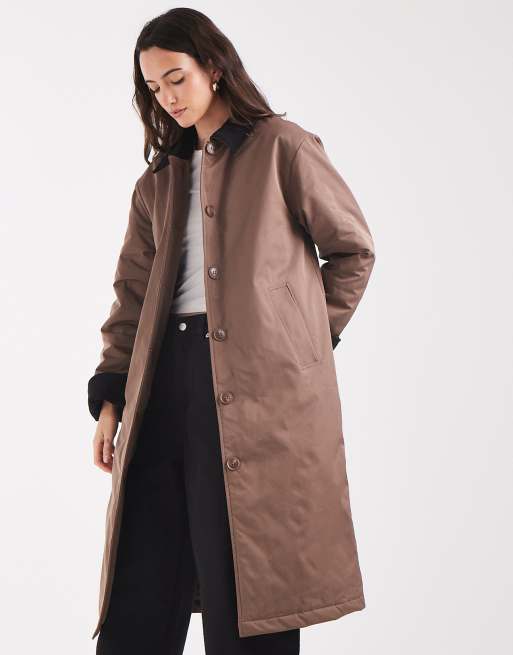Pieces longline trench coat with cord collar detail in light brown, 2 of 4
