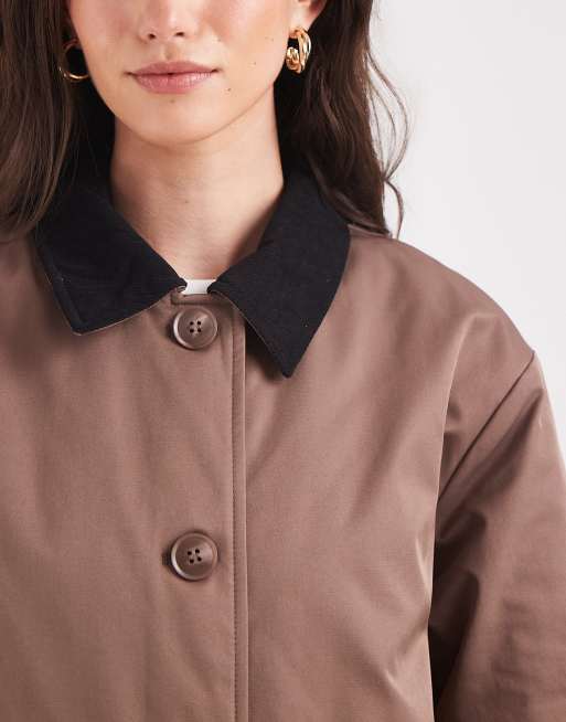Pieces longline trench coat with cord collar detail in light brown, 3 of 4