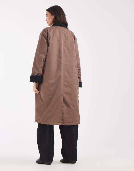 Pieces longline trench coat with cord collar detail in light brown, 4 of 4