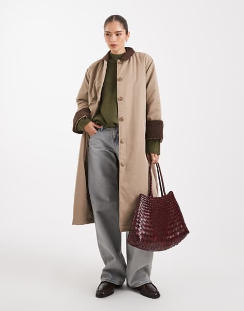Pieces longline trench coat with corduroy collar detail in beige - view 1