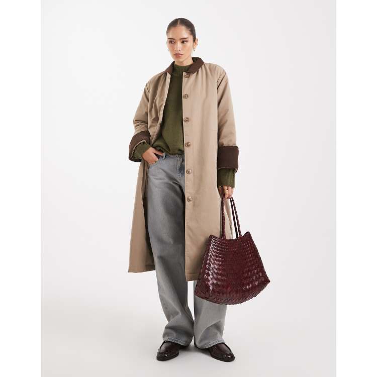 Pieces longline trench coat with corduroy collar detail in