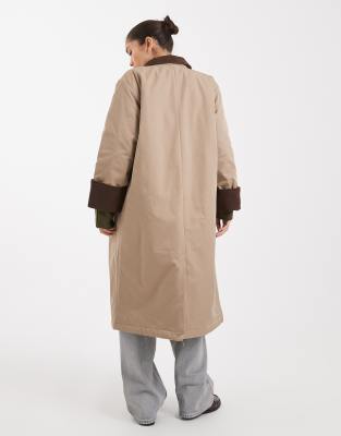 Pieces Longline Trench Coat With Corduroy Collar Detail In Brown