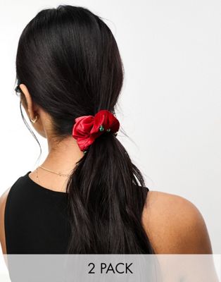 Pieces 2 pack velvet scrunchies with bells in red & green - ASOS Price Checker