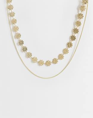Pieces - Lot de 2 colliers avec chaîne et fleurs - Doré