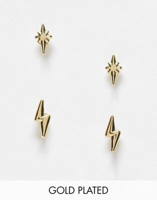 Pieces - Lot de 2 paires de boucles d'oreilles en forme d'éclair et étoile - Doré