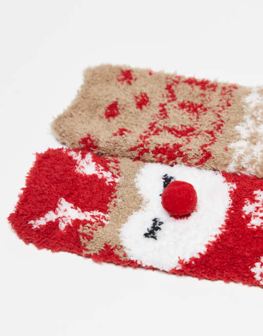 Pieces - Lot de 2 paires de chaussettes de Noël moelleuses à motif renne - Beige, 2 de 3