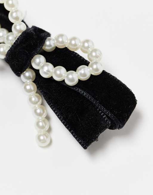 Pieces - Lot de 2 pinces à cheveux avec nœud en velours et perles fantaisie - Noir, 3 de 4
