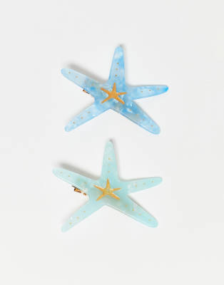 Pieces - Lot de 2 pinces à cheveux motif étoile de mer - Turquoise et bleu