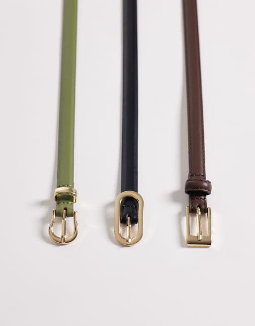 Pieces - Lot de 3 ceintures à boucle dorée - Noir, marron et vert olive, 2 de 3