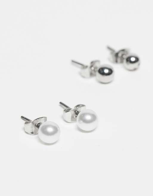 Pieces - Lot de 3 paires de boucles d'oreilles en perles et strass - Argenté et blanc, 2 de 4
