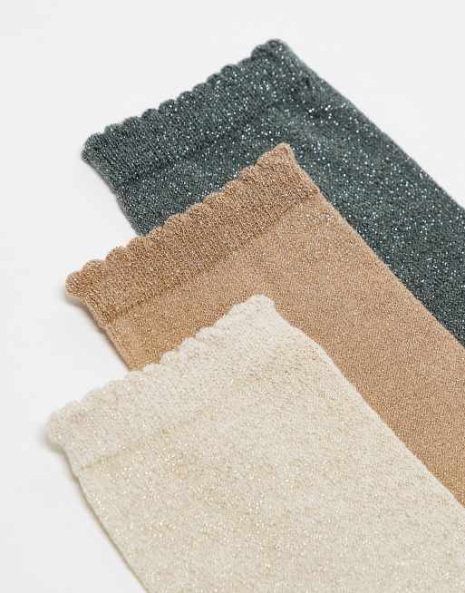 Pieces - Lot de 3 paires de chaussettes à bords festonnées - Gris, camel et bouleau, 2 de 3