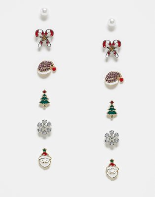 Pieces - Lot de 6 paires des boucles d'oreilles de Noël - Multicolore-Doré