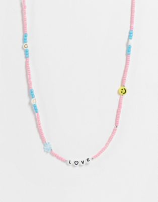 Pieces 'love' beaded necklace in pink & blue