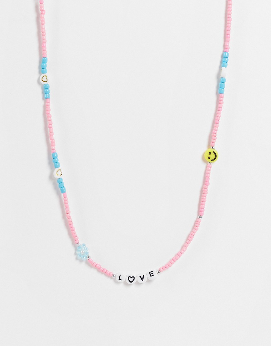 Pieces 'love' beaded necklace in pink & blue-Multi