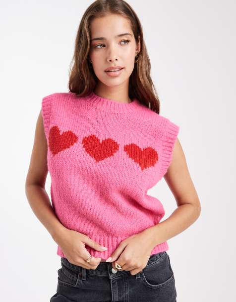 Pieces love heart knitted vest in pink and red - view 1