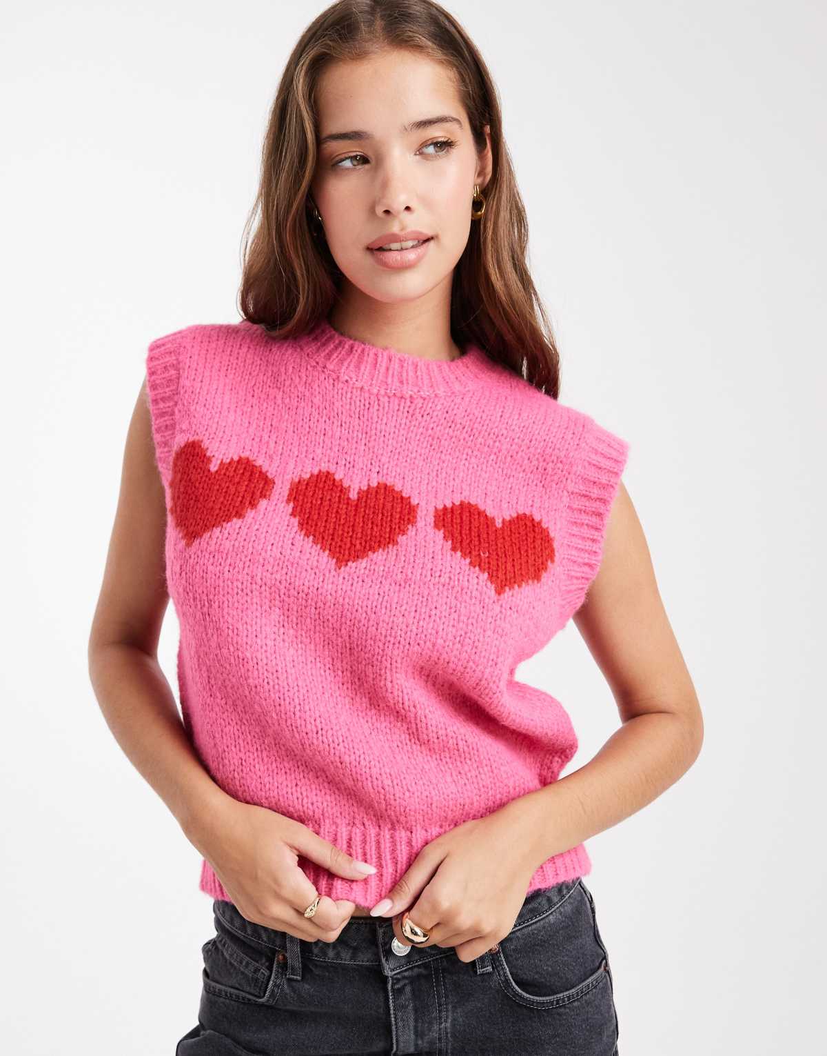 Pieces love heart knitted vest in pink and red