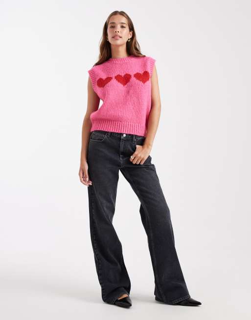 Pieces love heart knitted vest in pink and red, 4 of 4