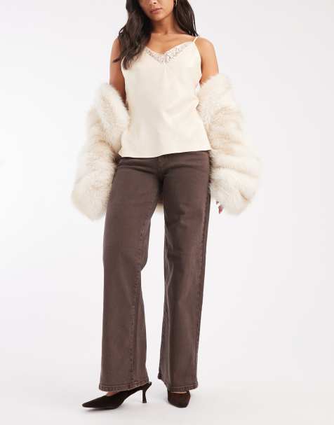 Pieces low waisted wide leg jeans in washed brown - view 1